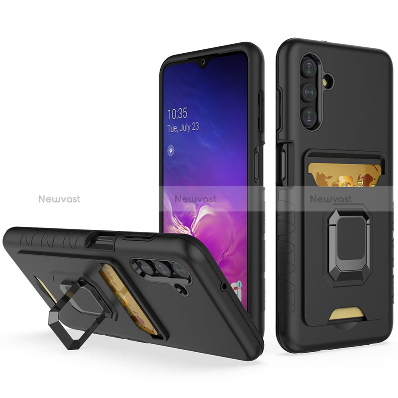 Silicone Matte Finish and Plastic Back Cover Case with Magnetic Finger Ring Stand J01S for Samsung Galaxy A13 5G Black