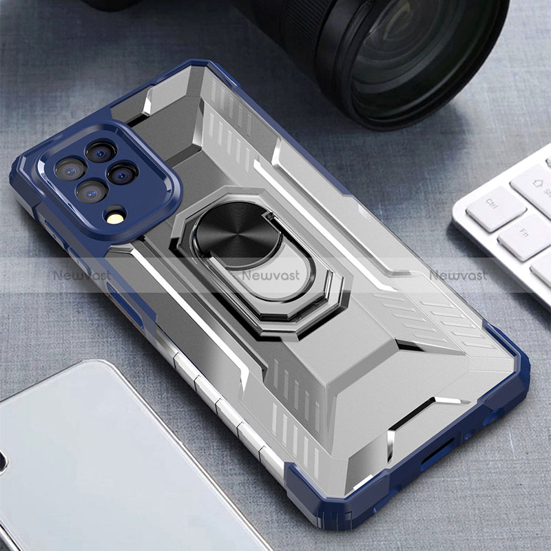 Silicone Matte Finish and Plastic Back Cover Case with Magnetic Finger Ring Stand J01S for Samsung Galaxy A22 4G Blue