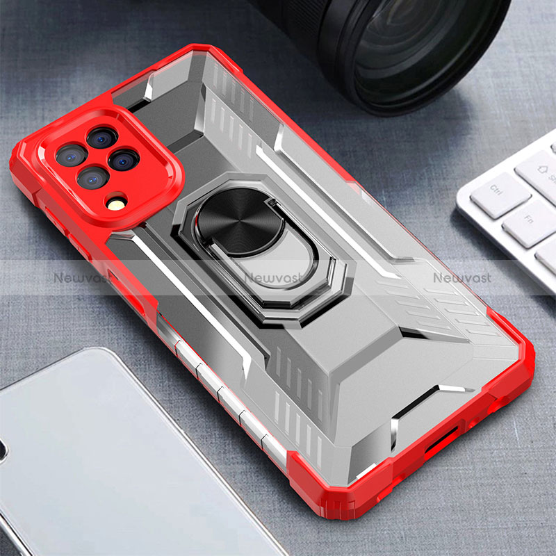 Silicone Matte Finish and Plastic Back Cover Case with Magnetic Finger Ring Stand J01S for Samsung Galaxy A22 4G Red