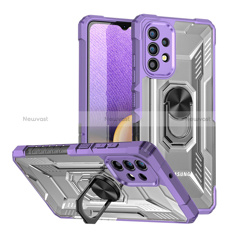Silicone Matte Finish and Plastic Back Cover Case with Magnetic Finger Ring Stand J01S for Samsung Galaxy A32 5G Purple