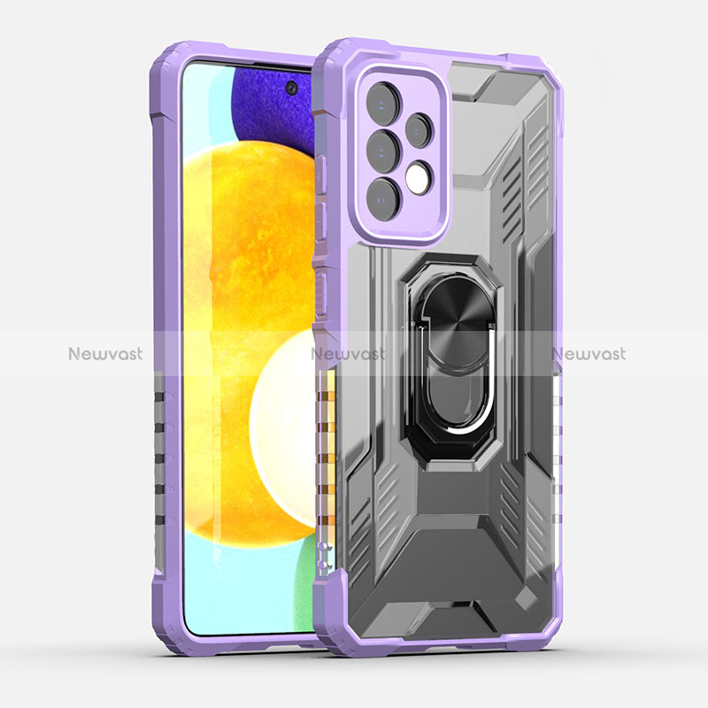 Silicone Matte Finish and Plastic Back Cover Case with Magnetic Finger Ring Stand J01S for Samsung Galaxy A52 5G Purple