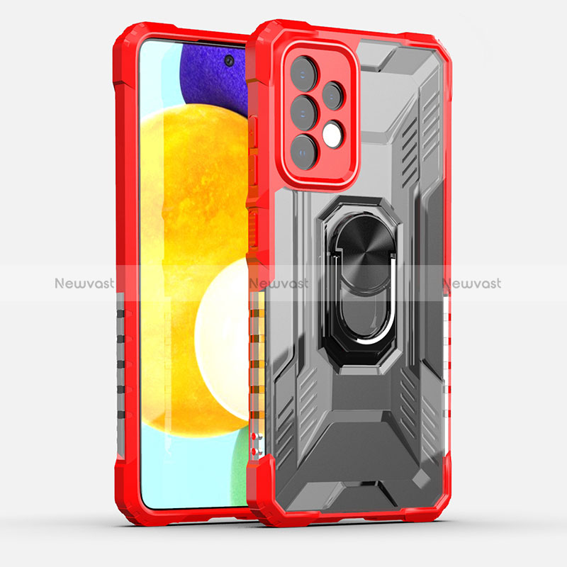 Silicone Matte Finish and Plastic Back Cover Case with Magnetic Finger Ring Stand J01S for Samsung Galaxy A52 5G Red
