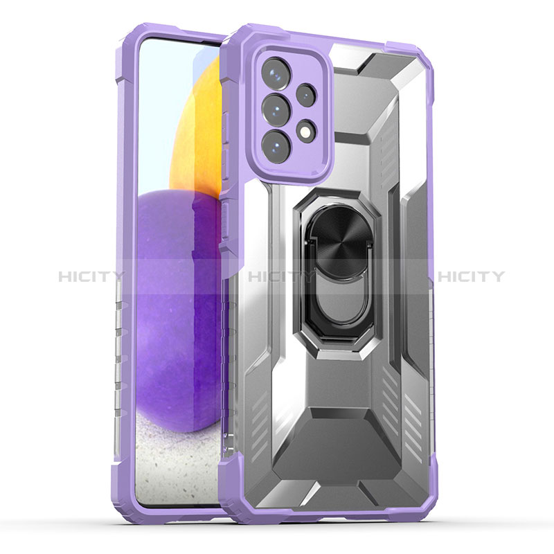 Silicone Matte Finish and Plastic Back Cover Case with Magnetic Finger Ring Stand J01S for Samsung Galaxy A72 4G Purple