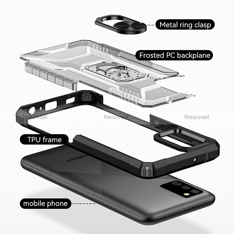 Silicone Matte Finish and Plastic Back Cover Case with Magnetic Finger Ring Stand J01S for Samsung Galaxy F02S SM-E025F