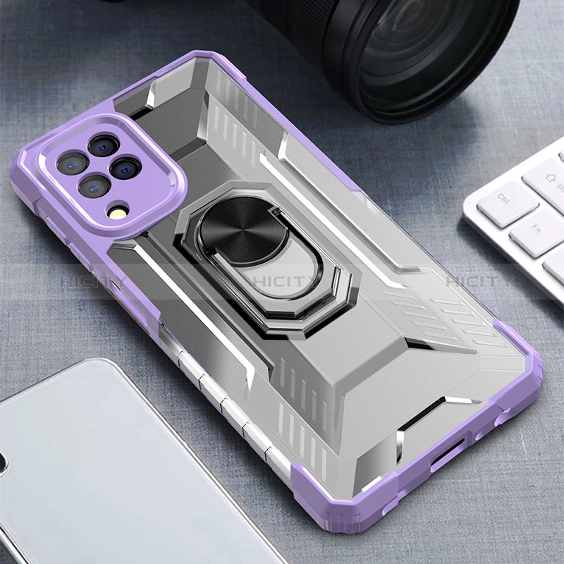 Silicone Matte Finish and Plastic Back Cover Case with Magnetic Finger Ring Stand J01S for Samsung Galaxy F22 4G Purple