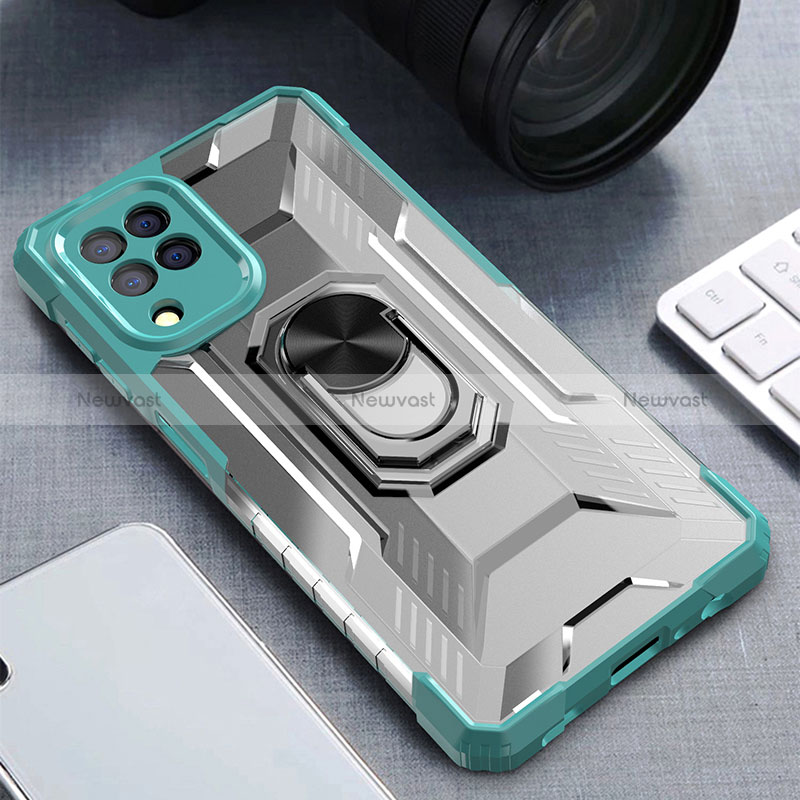 Silicone Matte Finish and Plastic Back Cover Case with Magnetic Finger Ring Stand J01S for Samsung Galaxy M22 4G