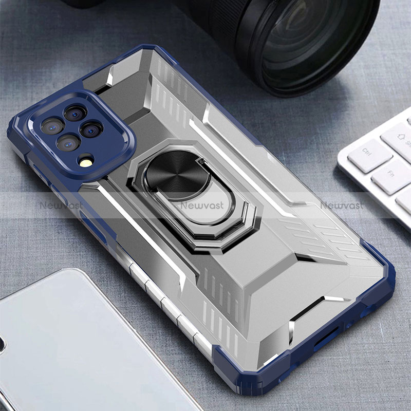 Silicone Matte Finish and Plastic Back Cover Case with Magnetic Finger Ring Stand J01S for Samsung Galaxy M32 4G Blue