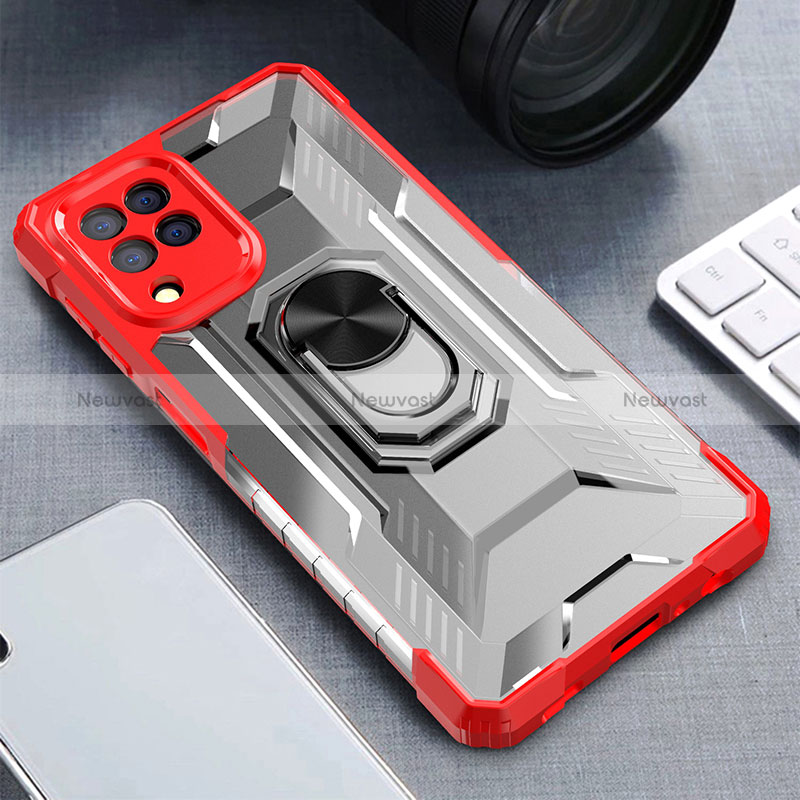 Silicone Matte Finish and Plastic Back Cover Case with Magnetic Finger Ring Stand J01S for Samsung Galaxy M32 4G Red