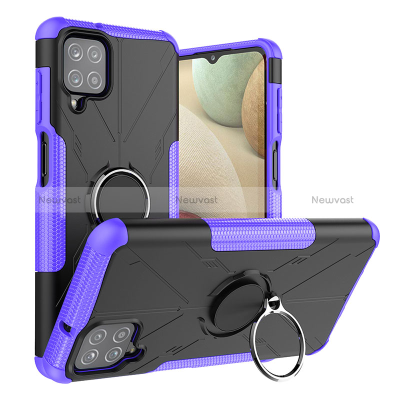 Silicone Matte Finish and Plastic Back Cover Case with Magnetic Finger Ring Stand J01X for Samsung Galaxy A12 5G Purple