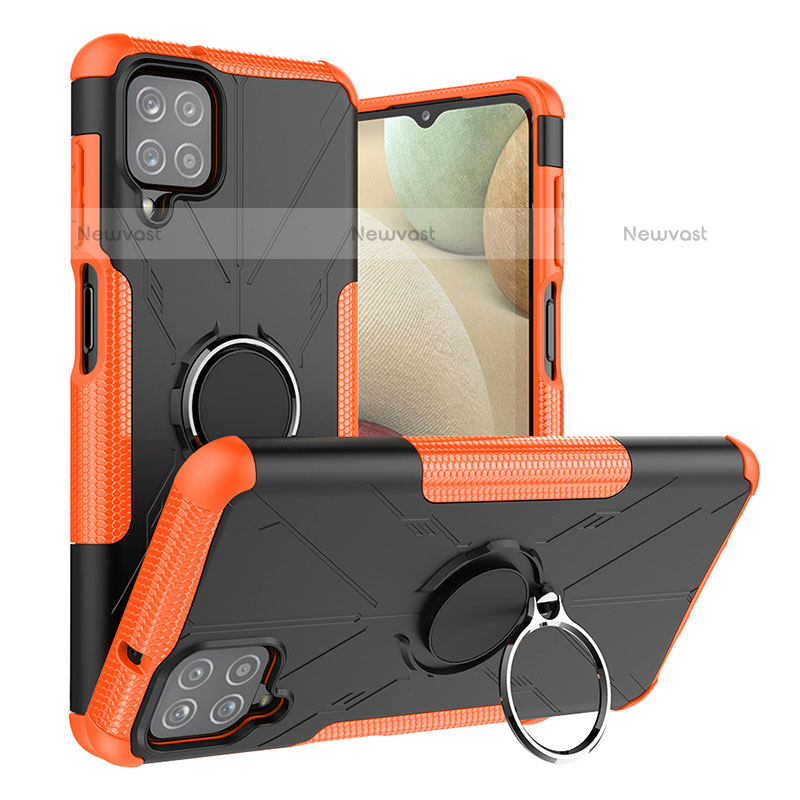 Silicone Matte Finish and Plastic Back Cover Case with Magnetic Finger Ring Stand J01X for Samsung Galaxy A12 Orange