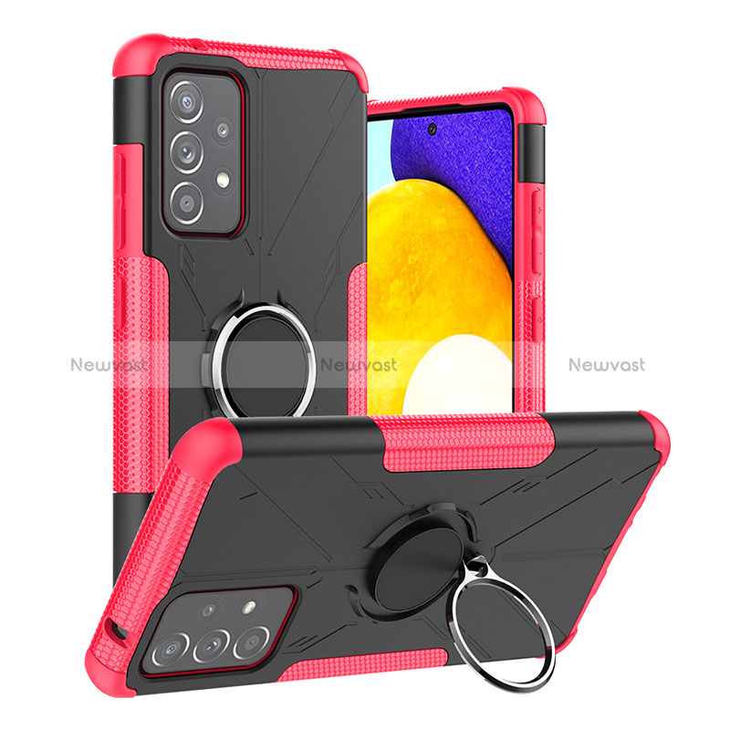 Silicone Matte Finish and Plastic Back Cover Case with Magnetic Finger Ring Stand J01X for Samsung Galaxy A52 4G Hot Pink