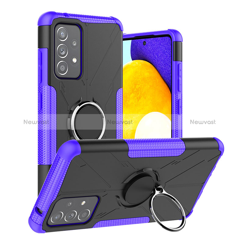 Silicone Matte Finish and Plastic Back Cover Case with Magnetic Finger Ring Stand J01X for Samsung Galaxy A52 4G Purple