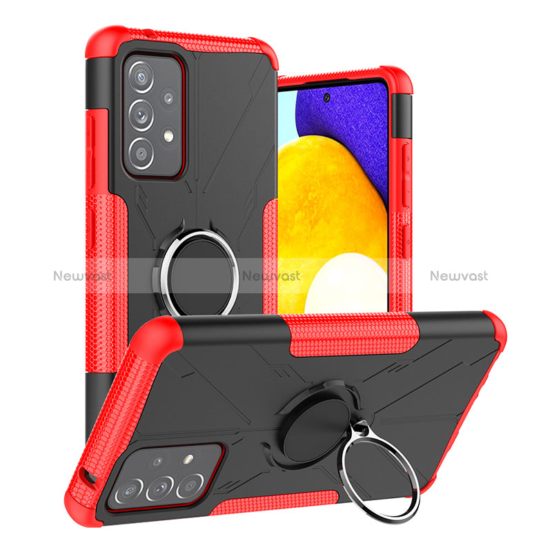 Silicone Matte Finish and Plastic Back Cover Case with Magnetic Finger Ring Stand J01X for Samsung Galaxy A52 4G Red