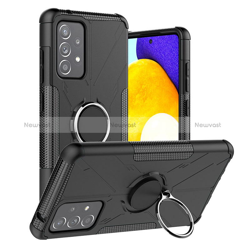 Silicone Matte Finish and Plastic Back Cover Case with Magnetic Finger Ring Stand J01X for Samsung Galaxy A52 5G Black