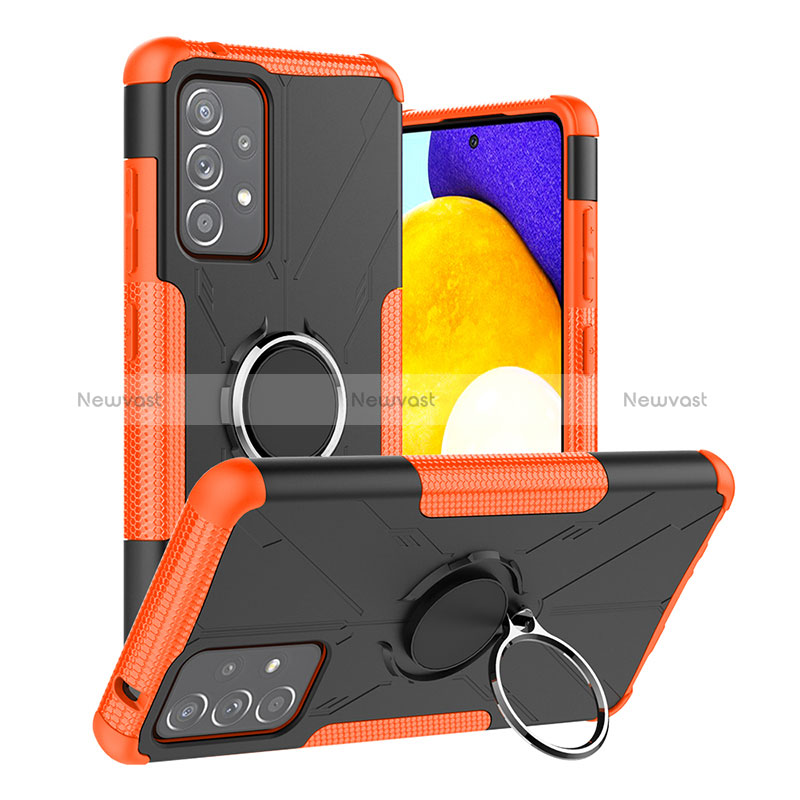 Silicone Matte Finish and Plastic Back Cover Case with Magnetic Finger Ring Stand J01X for Samsung Galaxy A52 5G Orange