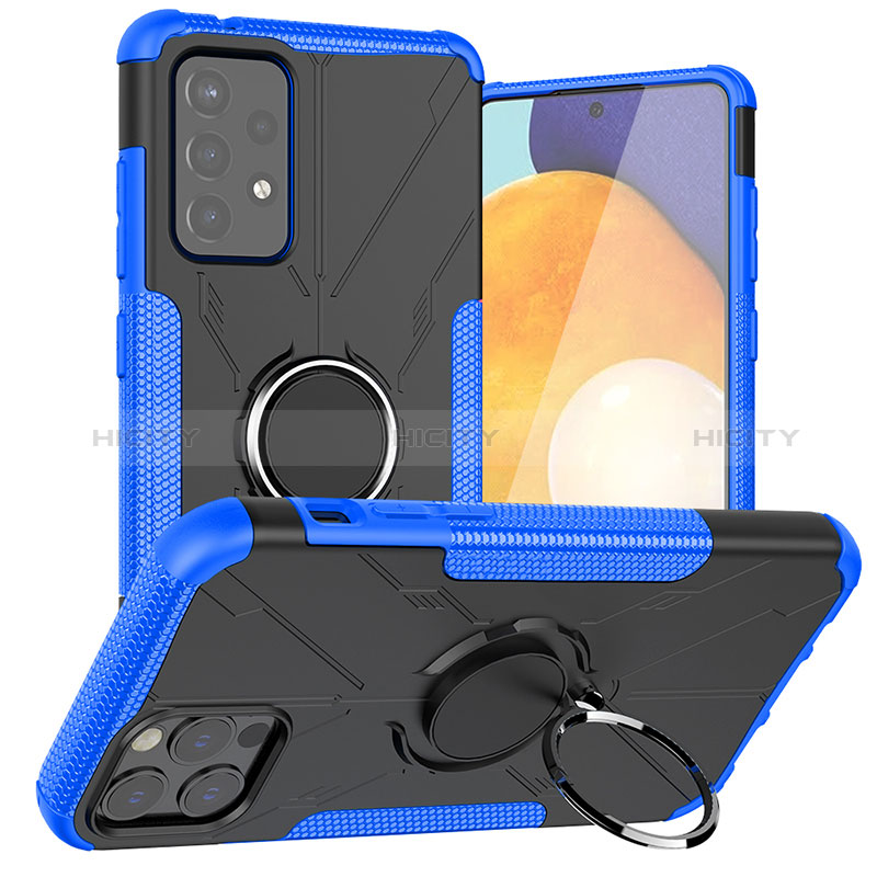 Silicone Matte Finish and Plastic Back Cover Case with Magnetic Finger Ring Stand J01X for Samsung Galaxy A72 5G Blue