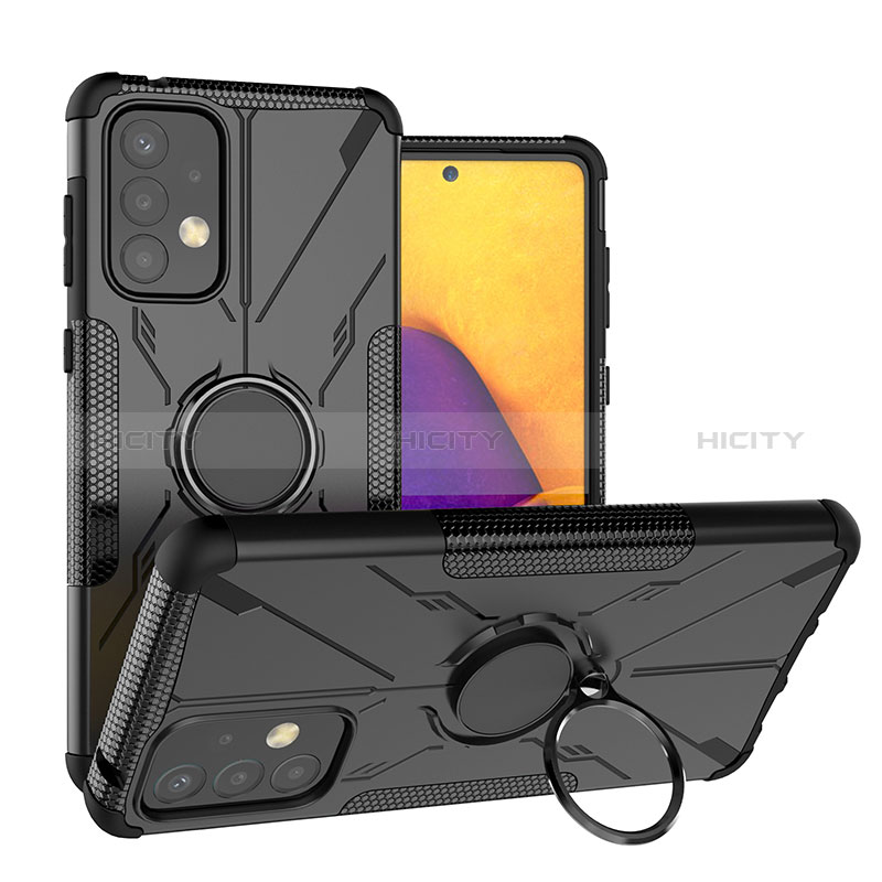 Silicone Matte Finish and Plastic Back Cover Case with Magnetic Finger Ring Stand J01X for Samsung Galaxy A73 5G Black