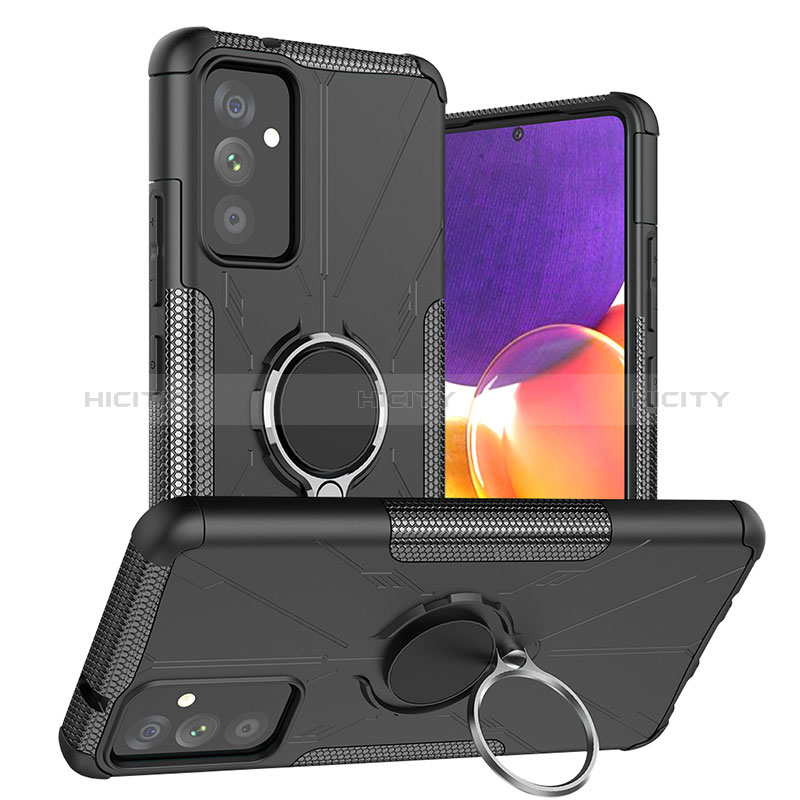Silicone Matte Finish and Plastic Back Cover Case with Magnetic Finger Ring Stand J01X for Samsung Galaxy A82 5G Black