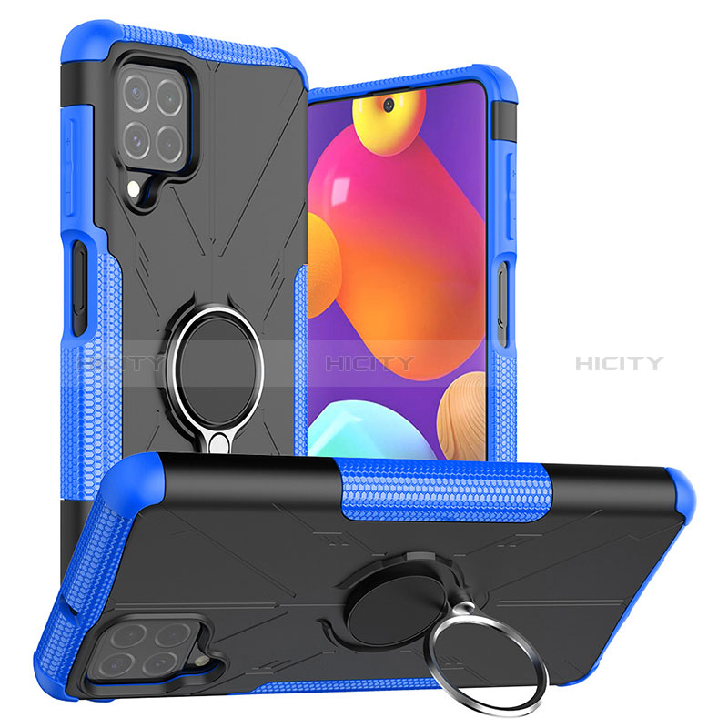 Silicone Matte Finish and Plastic Back Cover Case with Magnetic Finger Ring Stand J01X for Samsung Galaxy F62 5G Blue