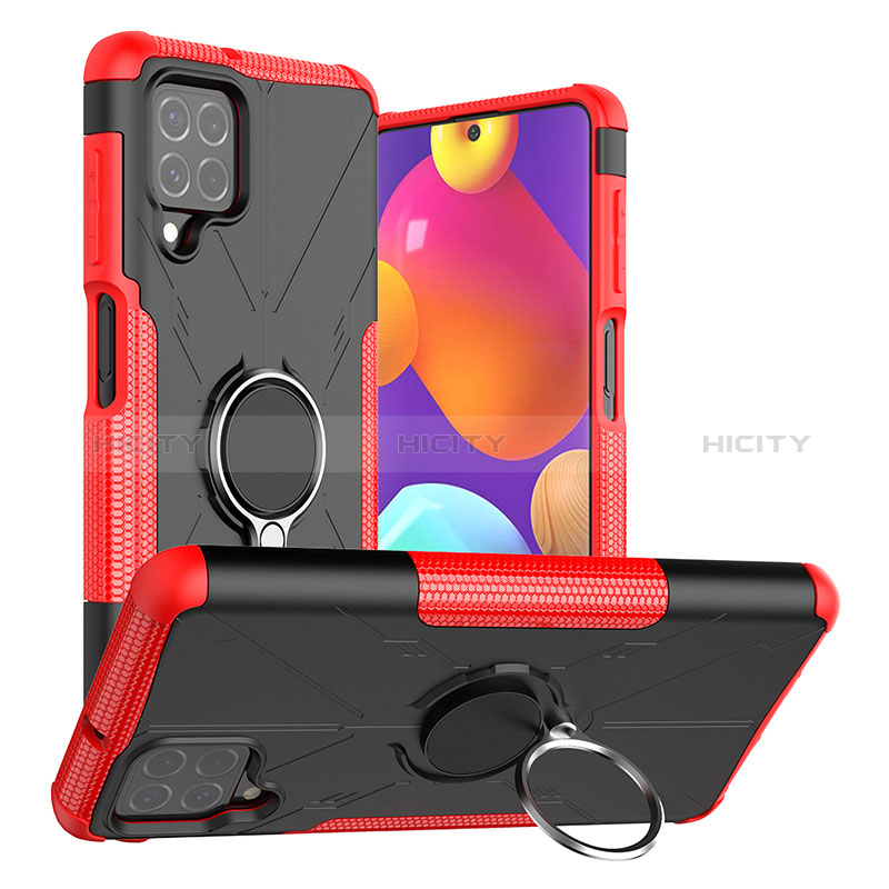 Silicone Matte Finish and Plastic Back Cover Case with Magnetic Finger Ring Stand J01X for Samsung Galaxy F62 5G Red