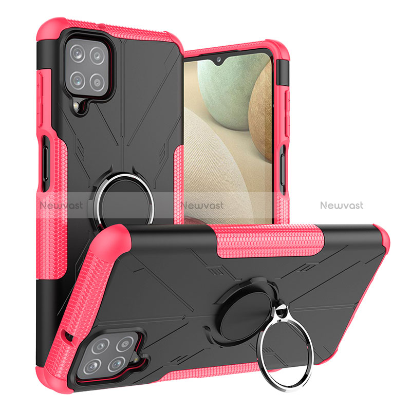 Silicone Matte Finish and Plastic Back Cover Case with Magnetic Finger Ring Stand J01X for Samsung Galaxy M12 Hot Pink