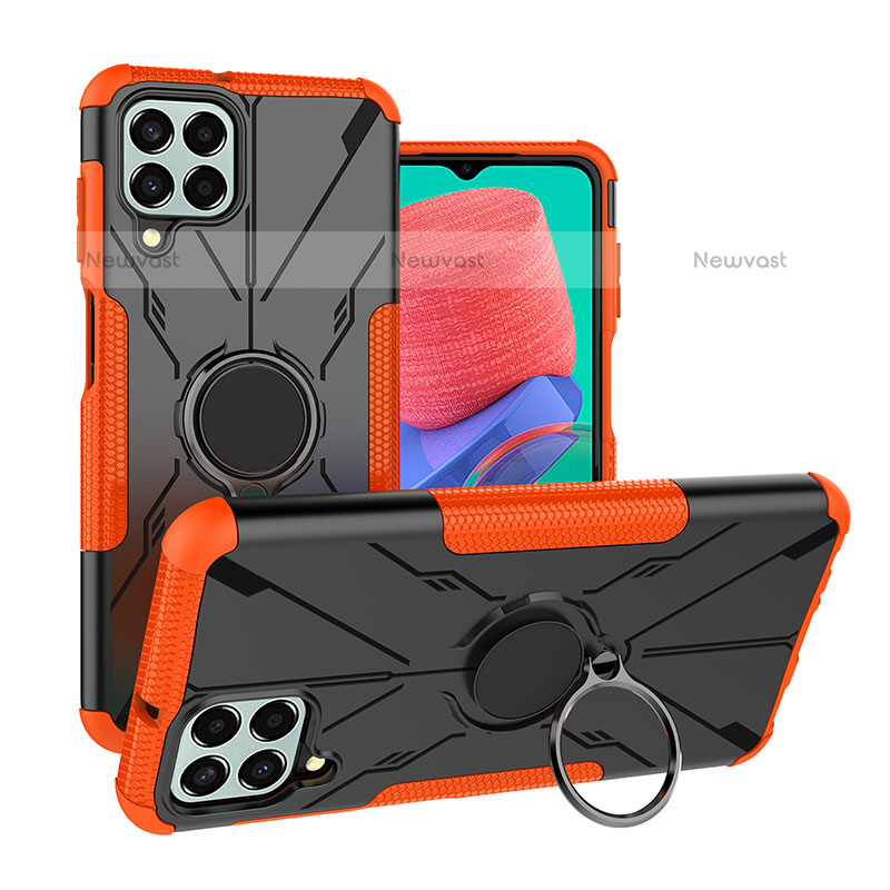 Silicone Matte Finish and Plastic Back Cover Case with Magnetic Finger Ring Stand J01X for Samsung Galaxy M33 5G Orange