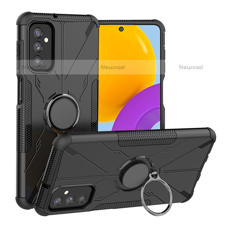 Silicone Matte Finish and Plastic Back Cover Case with Magnetic Finger Ring Stand J01X for Samsung Galaxy M52 5G Black