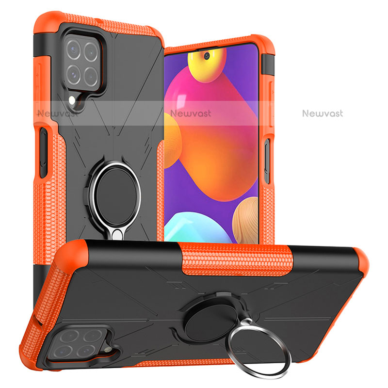 Silicone Matte Finish and Plastic Back Cover Case with Magnetic Finger Ring Stand J01X for Samsung Galaxy M62 4G Orange