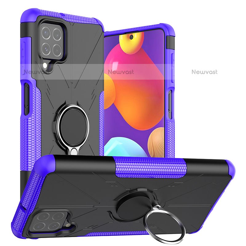 Silicone Matte Finish and Plastic Back Cover Case with Magnetic Finger Ring Stand J01X for Samsung Galaxy M62 4G Purple