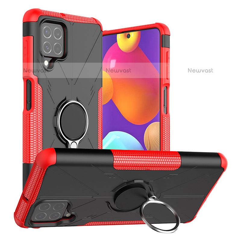 Silicone Matte Finish and Plastic Back Cover Case with Magnetic Finger Ring Stand J01X for Samsung Galaxy M62 4G Red