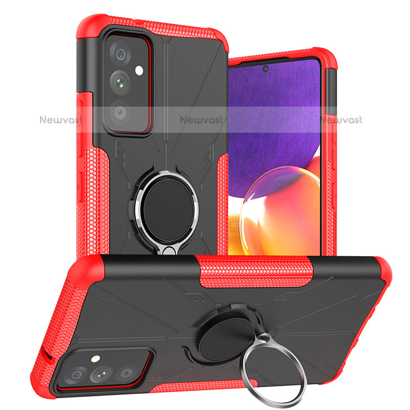 Silicone Matte Finish and Plastic Back Cover Case with Magnetic Finger Ring Stand J01X for Samsung Galaxy Quantum2 5G Red