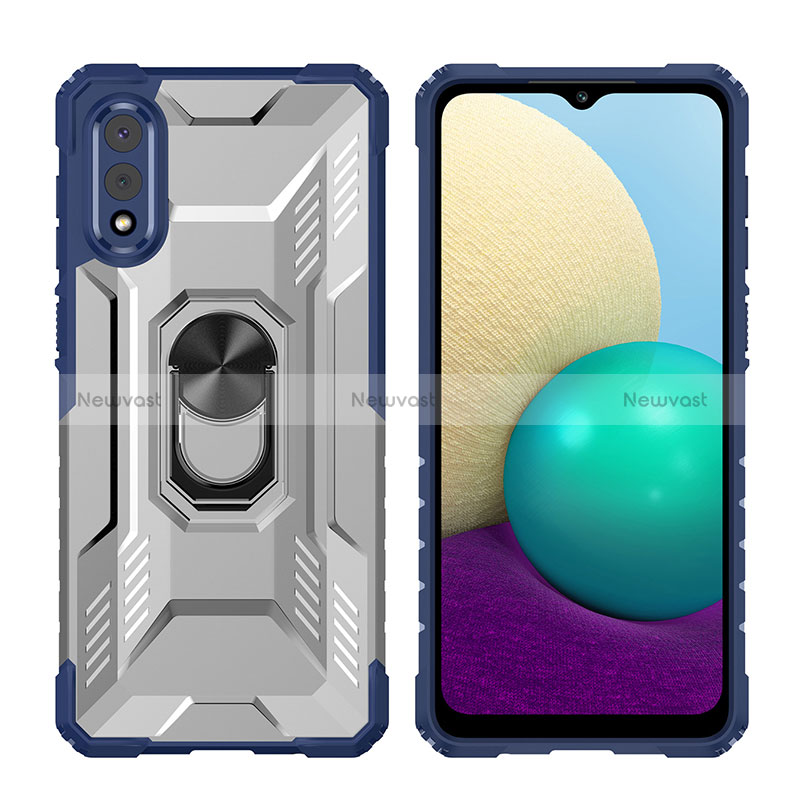Silicone Matte Finish and Plastic Back Cover Case with Magnetic Finger Ring Stand J02S for Samsung Galaxy A02