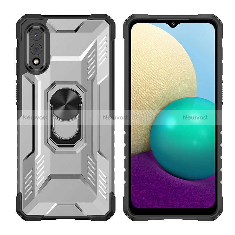 Silicone Matte Finish and Plastic Back Cover Case with Magnetic Finger Ring Stand J02S for Samsung Galaxy A02