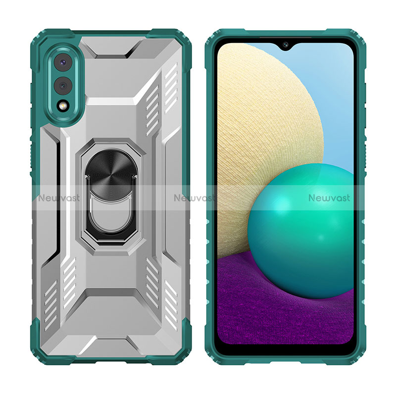 Silicone Matte Finish and Plastic Back Cover Case with Magnetic Finger Ring Stand J02S for Samsung Galaxy A02 Green