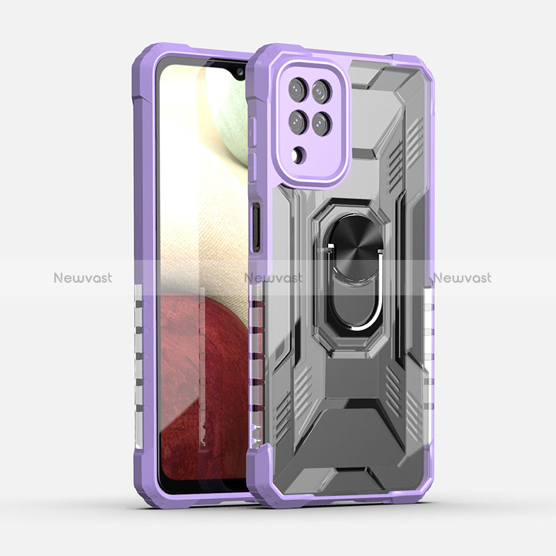 Silicone Matte Finish and Plastic Back Cover Case with Magnetic Finger Ring Stand J02S for Samsung Galaxy A12 5G Purple
