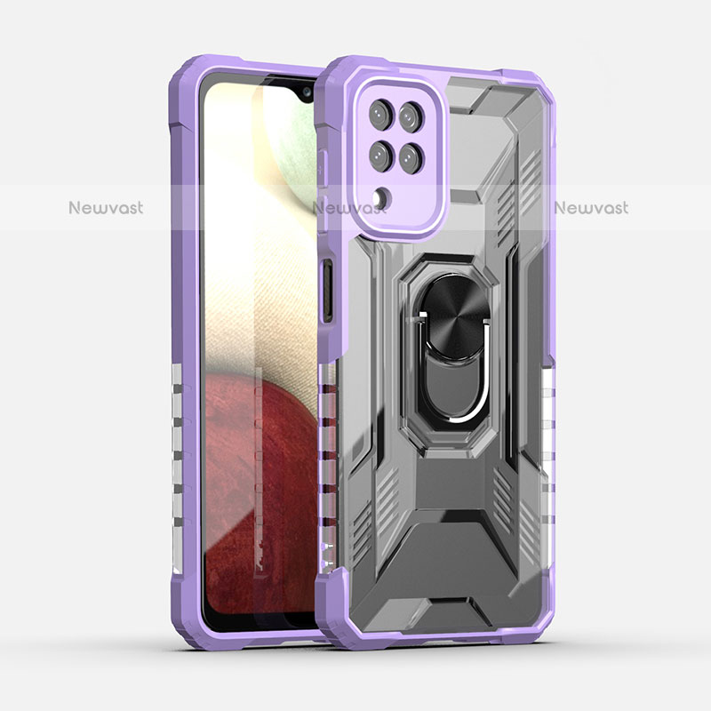 Silicone Matte Finish and Plastic Back Cover Case with Magnetic Finger Ring Stand J02S for Samsung Galaxy A12 Purple