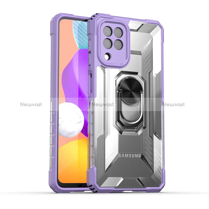 Silicone Matte Finish and Plastic Back Cover Case with Magnetic Finger Ring Stand J02S for Samsung Galaxy A22 4G Purple