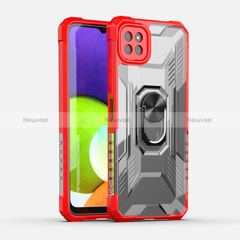 Silicone Matte Finish and Plastic Back Cover Case with Magnetic Finger Ring Stand J02S for Samsung Galaxy A22 5G Red