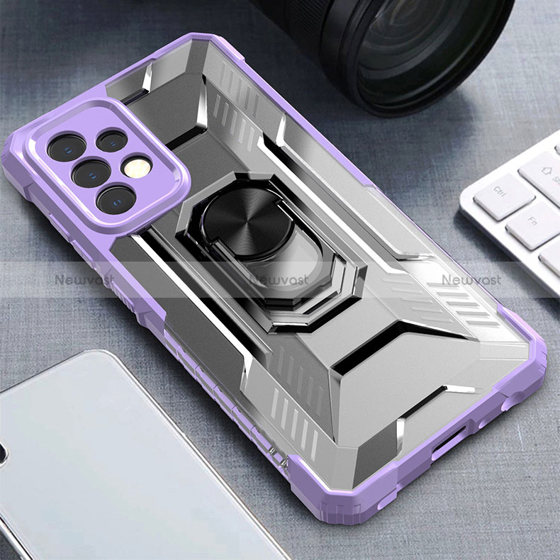 Silicone Matte Finish and Plastic Back Cover Case with Magnetic Finger Ring Stand J02S for Samsung Galaxy A52 4G Purple