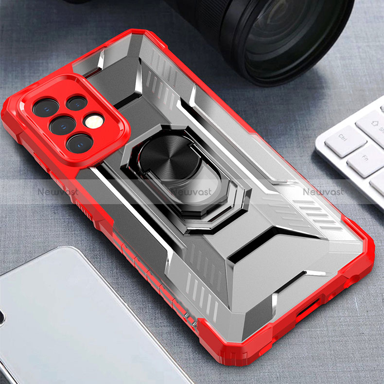 Silicone Matte Finish and Plastic Back Cover Case with Magnetic Finger Ring Stand J02S for Samsung Galaxy A52 5G Red