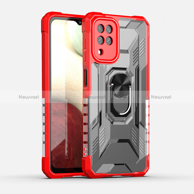 Silicone Matte Finish and Plastic Back Cover Case with Magnetic Finger Ring Stand J02S for Samsung Galaxy M12 Red