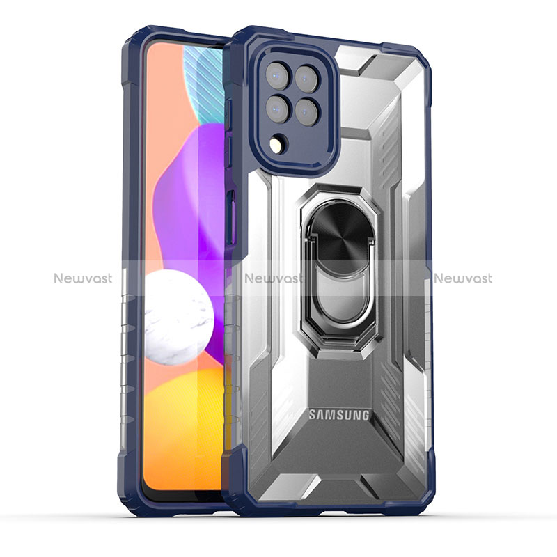 Silicone Matte Finish and Plastic Back Cover Case with Magnetic Finger Ring Stand J02S for Samsung Galaxy M22 4G Blue