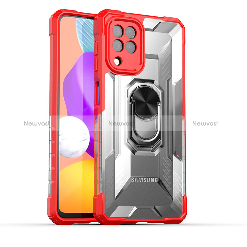 Silicone Matte Finish and Plastic Back Cover Case with Magnetic Finger Ring Stand J02S for Samsung Galaxy M22 4G Red