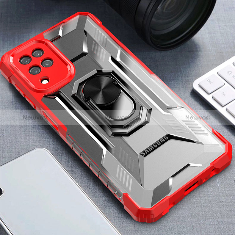 Silicone Matte Finish and Plastic Back Cover Case with Magnetic Finger Ring Stand J03S for Samsung Galaxy A12 5G Red