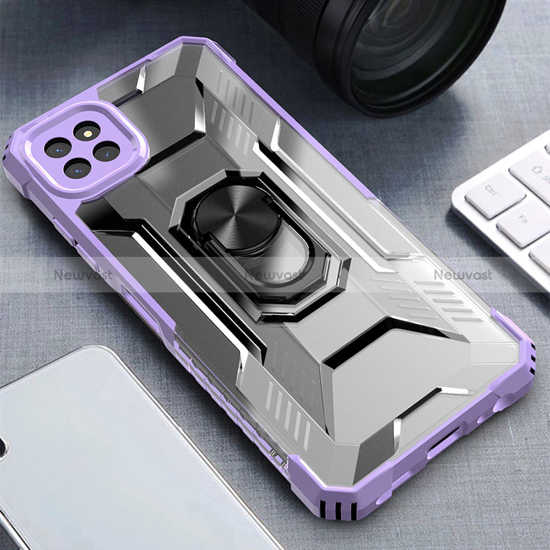 Silicone Matte Finish and Plastic Back Cover Case with Magnetic Finger Ring Stand J03S for Samsung Galaxy A22 5G Purple