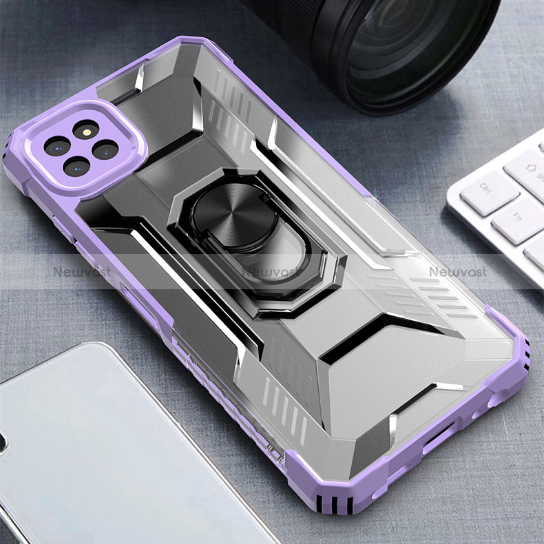 Silicone Matte Finish and Plastic Back Cover Case with Magnetic Finger Ring Stand J03S for Samsung Galaxy A22s 5G Purple