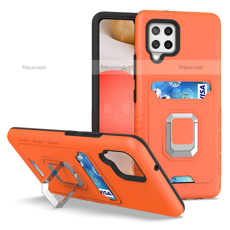 Silicone Matte Finish and Plastic Back Cover Case with Magnetic Finger Ring Stand J03S for Samsung Galaxy A42 5G Orange