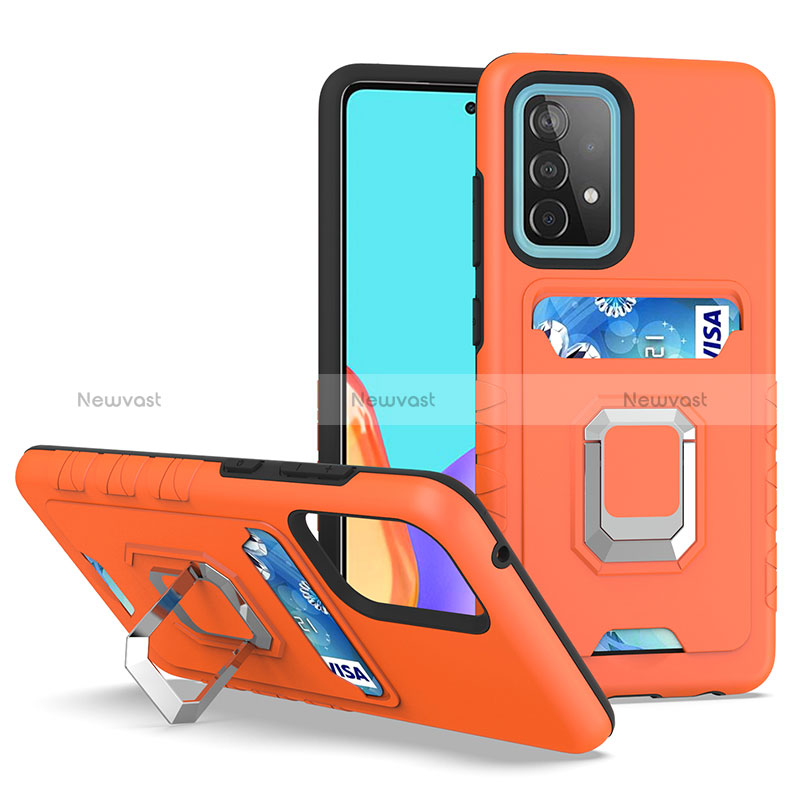 Silicone Matte Finish and Plastic Back Cover Case with Magnetic Finger Ring Stand J03S for Samsung Galaxy A52 4G Orange