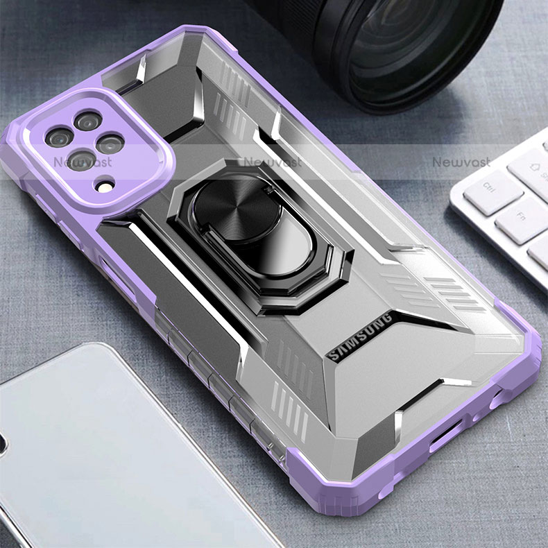 Silicone Matte Finish and Plastic Back Cover Case with Magnetic Finger Ring Stand J03S for Samsung Galaxy F12 Purple