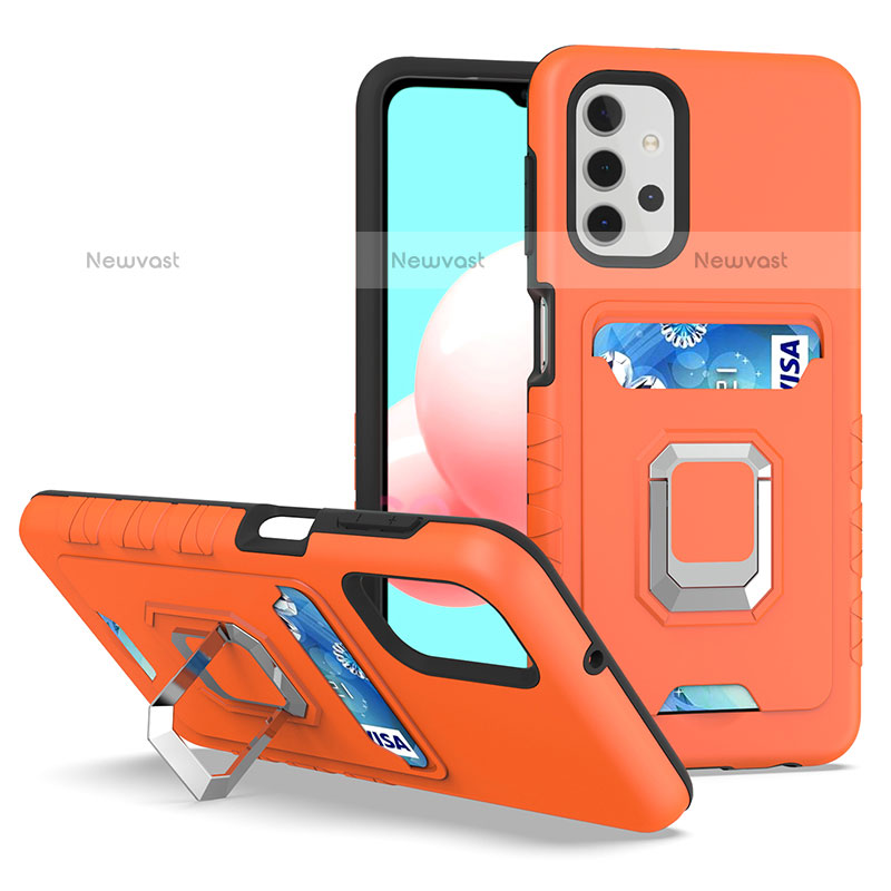 Silicone Matte Finish and Plastic Back Cover Case with Magnetic Finger Ring Stand J03S for Samsung Galaxy M32 5G Orange